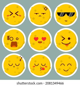 Nine Moon Characters Emoji Set. Vector Illustration