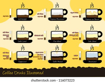 Nine most common Coffee drinks how to make. Diagram which explain the composition of 9 different type of coffee drinks