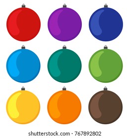 Nine multi colored Christmas balls on a white background. Vector illustration.