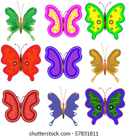Nine multi-coloured butterflies. Vector illustration
