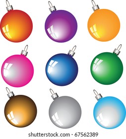 Nine multi-coloured Christmas balls for a fur-tree ornament on a white background