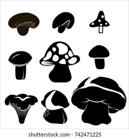Nine mushroom silhouettes.
