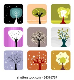 Nine naive trees collection. Vector illustration set.