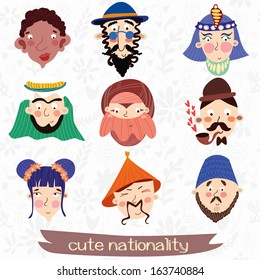Nine nationalities:  African, Jew,Muslim, Englishman, Korean and other Cute characteristic faces 