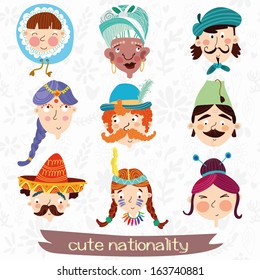 Nine nationalities: Eskimo, African, French,Mexican, German and other. Cute characteristic faces 