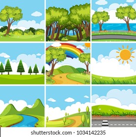 Nine nature scenes with green trees illustration
