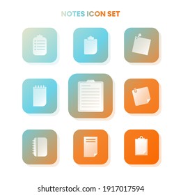 Nine NOTE icons in one set with white color on gradient and white background. Vector illustration