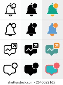 Nine notification icons are displayed in a 3x3 grid, including outlined, solid black, and colorful variants of bells, chart messages with arrows, and message bubbles.