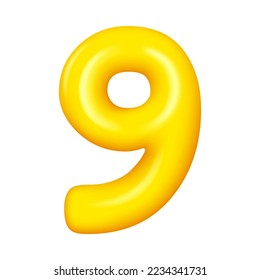 Nine number 3d numeral, third anniversary balloon, wedding greeting cards elegant sign. Vector birthday party font, 9 numeral of golden yellow metal, elegant balloon greeting cards decor