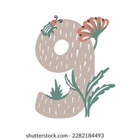 Nine. Number 9. Abstract math kids alphabet. School child graphic vector illustration. Mathematics font design with flowers.