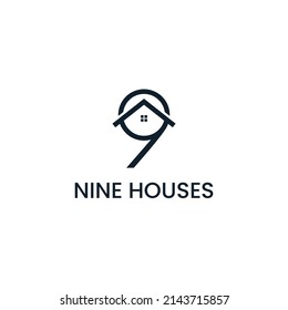 Nine number 9 with house simple logo icon sign symbol design concept. Vector illustration isolated object on white background