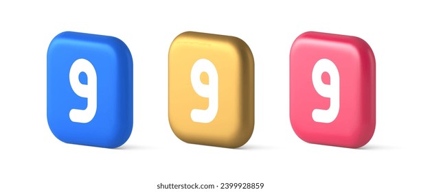 Nine number blue button calculation math financial budget web app 3d realistic blue gold and pink icons. Ninth character keypad emblem counting accounting finance checking