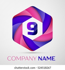 Nine number colorful logo in the hexagonal on black background. Vector template for your design