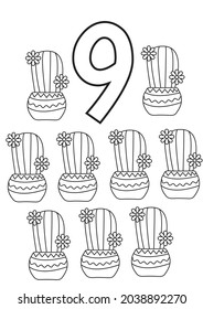 nine number coloring cacti printable illustration preschool