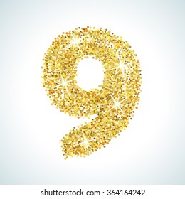 Nine number in golden style. Vector illustration gold design. Formed by yellow shapes. For party poster, greeting card, banner or invitation. Cute numerical icon and sign.