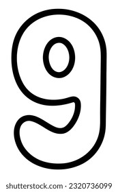 Nine. Number nine with rounded corners. Arabic number symbol. Sketch. Vector illustration. Doodle style. Coloring book for children. Outlines on an isolated background. Idea for web design