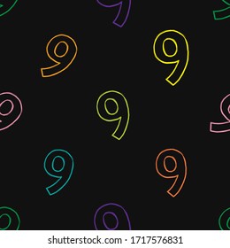 Nine number seamless pattern. colorful outline sign of 9 on black board background. Backdrop design for kid stuff, school, kindergarten decoration.
