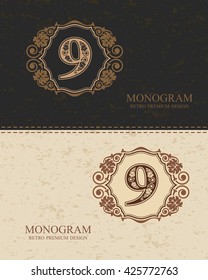 Nine Number Typographic design elements, Calligraphic graceful template, Elegant line art logo, Business sign for Royalty