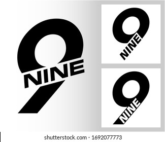 Nine; numeral and word logo for number. Nine letter with nine figure logo design. Number names typography.  Text logo studies for all numbers.