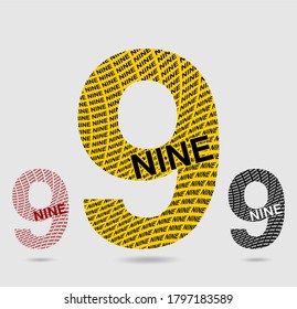 Nine; numeral and word logo for number. Eight word cloud inside figure logo design. Number and name typography. Text logo studies for all numbers.