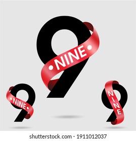 Nine; numeral and word logo for number with red ribbon. Nine letter with nine figure logo designs with four alternatives. Number names typography design. Red ribbon belt numbers.