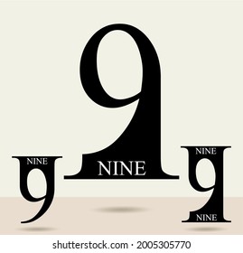 Nine; numeral and word logo for number. Nine letter with nine figure logo design. Number names typography design. Serif font columnar letter design.  Text logo studies for all numbers.