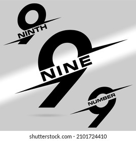 Nine; numeral and word logo for number. Nine letter with nine figure logo design. Number and name typography.  Text logo studies for all numbers. Speed and flash themed vector logo.