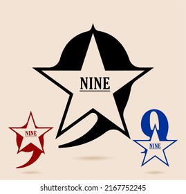 Nine; Numeral And Word Logo For Number. Nine With Star Shaped Logo Design. Number Names Typography Design. Serif Font Design.  Text Logo Studies For All Numbers.