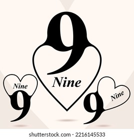 Nine; numeral and word logo for number. Nine letter with nine figure inner heart shaped logo design. Number names typography design. Serif font design. Text logo studies for all numbers.