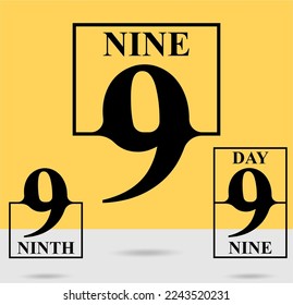 Nine; numeral and word logo for number. Nine letter with nine figure square design. Serif font design with fused into a square frame. Text logo studies for all numbers.