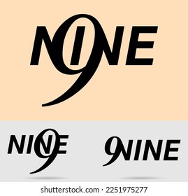 Nine; numeral and word logo for number. Nine letter with nine figure logo graphic design. Number names typography design. Text logo and numeral logo studies for all numbers.