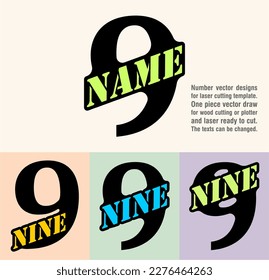Nine; numeral and word logo for number. Special welded text area and stencil name on the number. Number designs for laser cutting template. Serif font logo and numeral logo studies for all numbers.