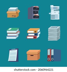 nine office paperwork set icons
