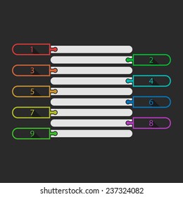 Nine options list with numbers marks and text fields. Isolated on black background. Vector Illustration, eps 8.