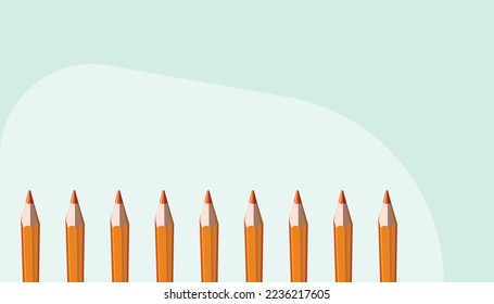 Nueve lápices de colores anaranjados con concepto horizontal regular, forma ovalada de color suave único fondo, para afiche, marketing.