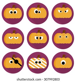 Nine orange pumpkins with eyes and elements of costume with long shadows in violet circles. 