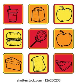 nine orange, red and yellow styles of food icons