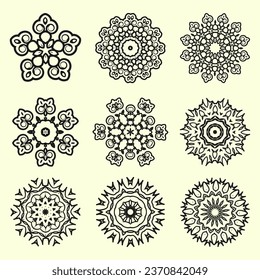 Nueve patrones circulares originales en el estilo de las líneas de arte. Conjunto de imágenes vectoriales