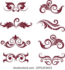 Nine ornate decorative flourishes in burgundy, featuring elegant curves and floral motifs, perfect for enhancing graphic designs or invitations.