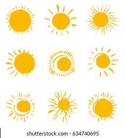 Nine painted solar symbols. Vector set of sun icons.