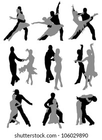 nine pairs of athletic dancers dancing on a white background