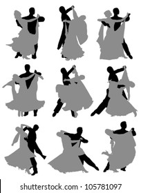 nine pairs of ballroom dancers dancing on a white background