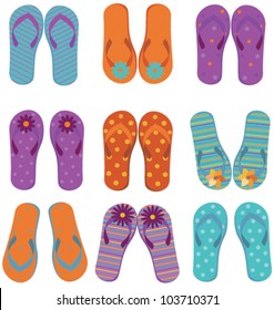 Nine pairs of colorful  flip flops. Vector.