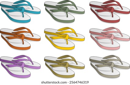 nine pairs of flip-flops in different colors, arranged in a 3x3 grid, highlighting the variety and vibrancy of the footwear