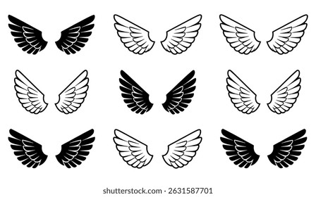 Nine pairs of stylized black and white wings design elements