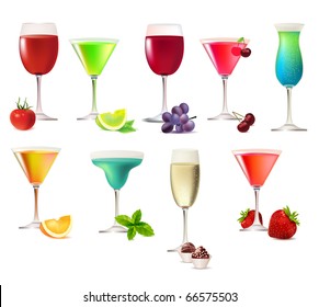 Nine party drinks isolated on white background