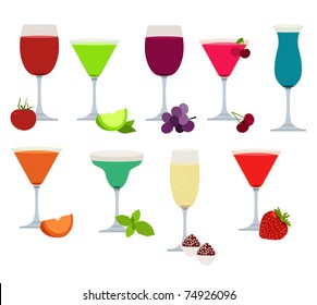 Nine party drinks isolated on white background