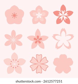 Nine pastel pink cherry blossom silhouettes, exhibiting different petal shapes and arrangements, intended for design or illustration purposes.
