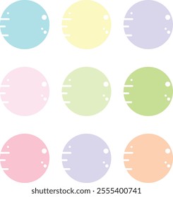 Nine pastel-colored badges arranged in three rows and three columns, each with small white highlights and lines.