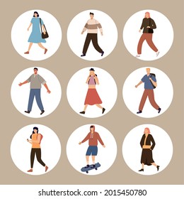 personajes de nueve peatones caminando